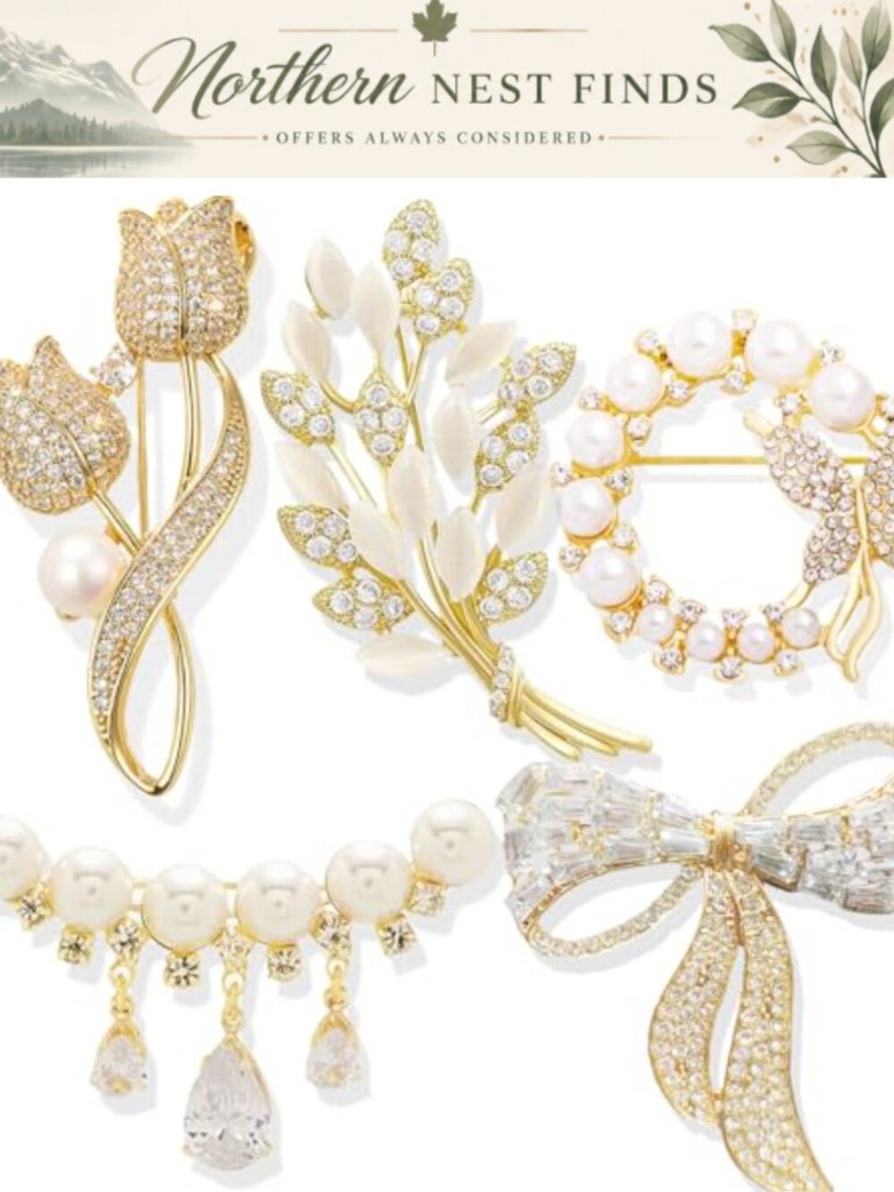 5PCS Rhinestone Brooch Pins Vintage Style Elegant Decorative Dress Brooches